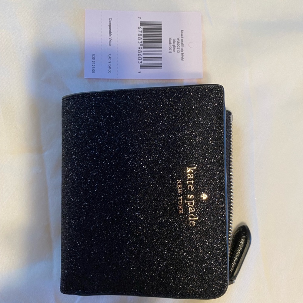 Kate Spade small zip bi-fold wallet in Lola glitter black